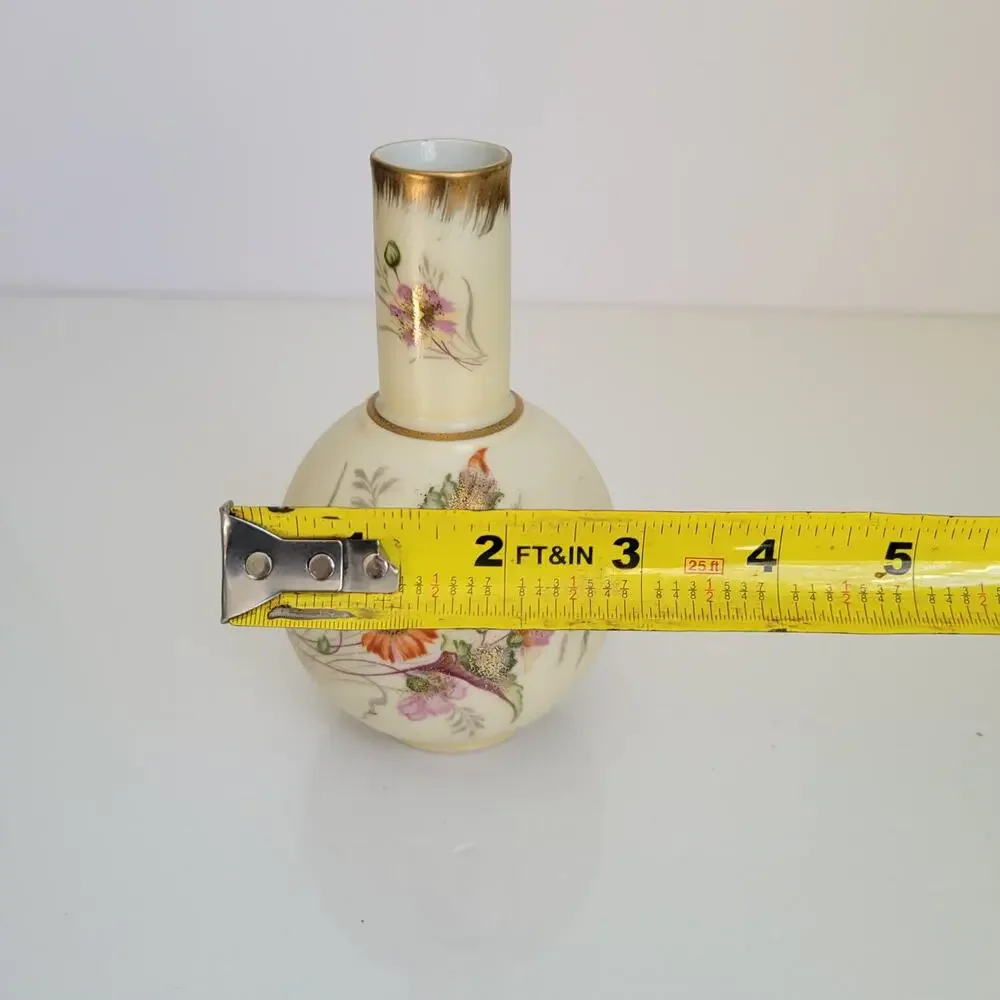Vintage Bud Vase Hand Painted Orange Green Floral Gold Accents Cottagecore